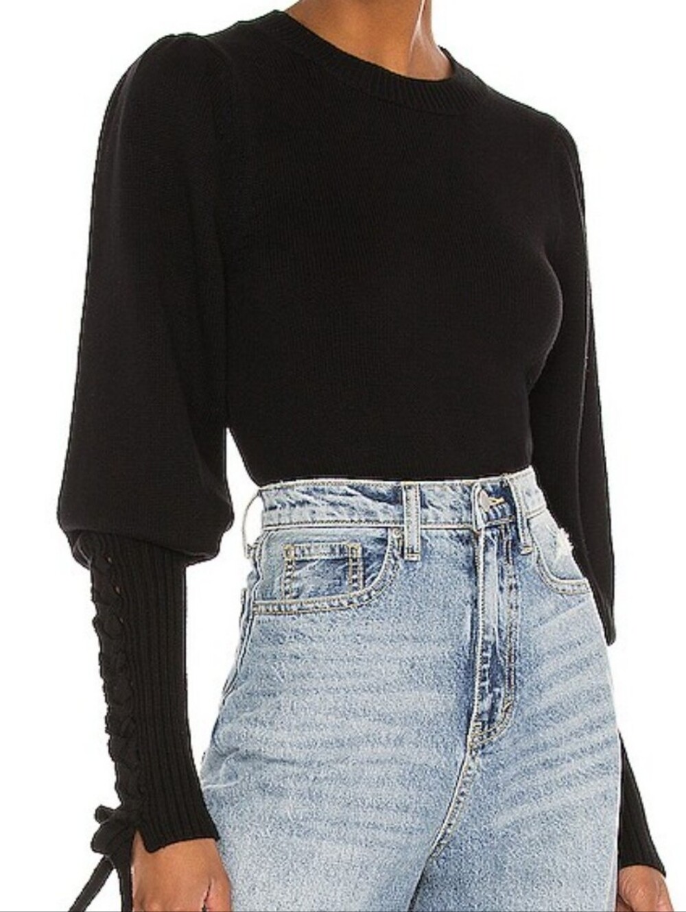 525 America Black Cropped Tie Sleeve Pullover Sweater NWT Size M Cotton